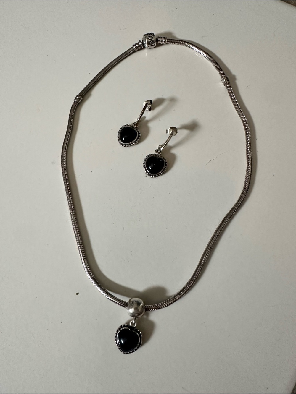Pandora Sterling Silver Necklace and Heart Earrings with Black Stones